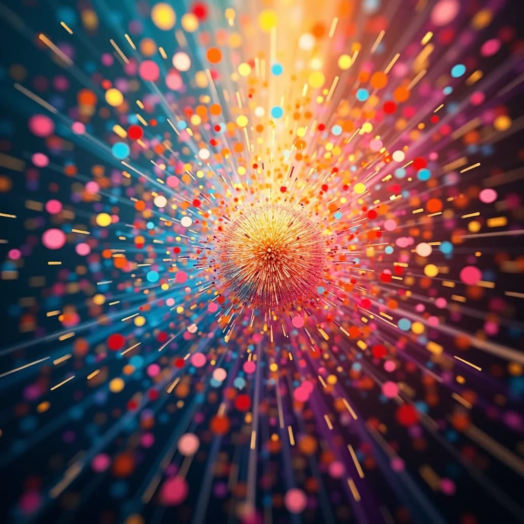 Confetti explosion, rainbow colors, joyful energy, party cel