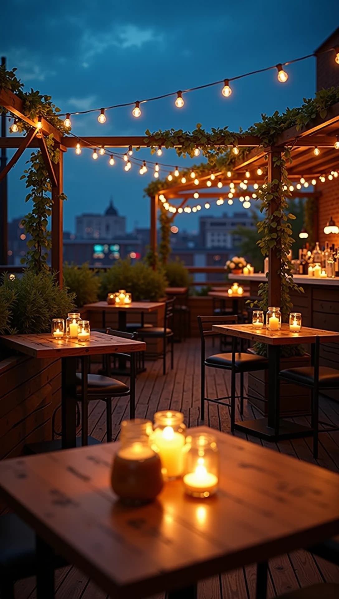 Real rooftop bar terrace in a city, wooden tables with glass